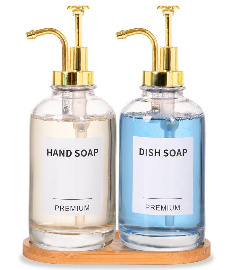 Hoousuper Dish Soap Dispenser for Kitchen, Hand Glass Soap Dispenser Set with Pump, Tray, Funnel for Bathroom, Shower, Laundry, Liquid, Lotion (Gold 2 Pack 18 Oz Clear Bottles with 12 Stickers) - Image 1