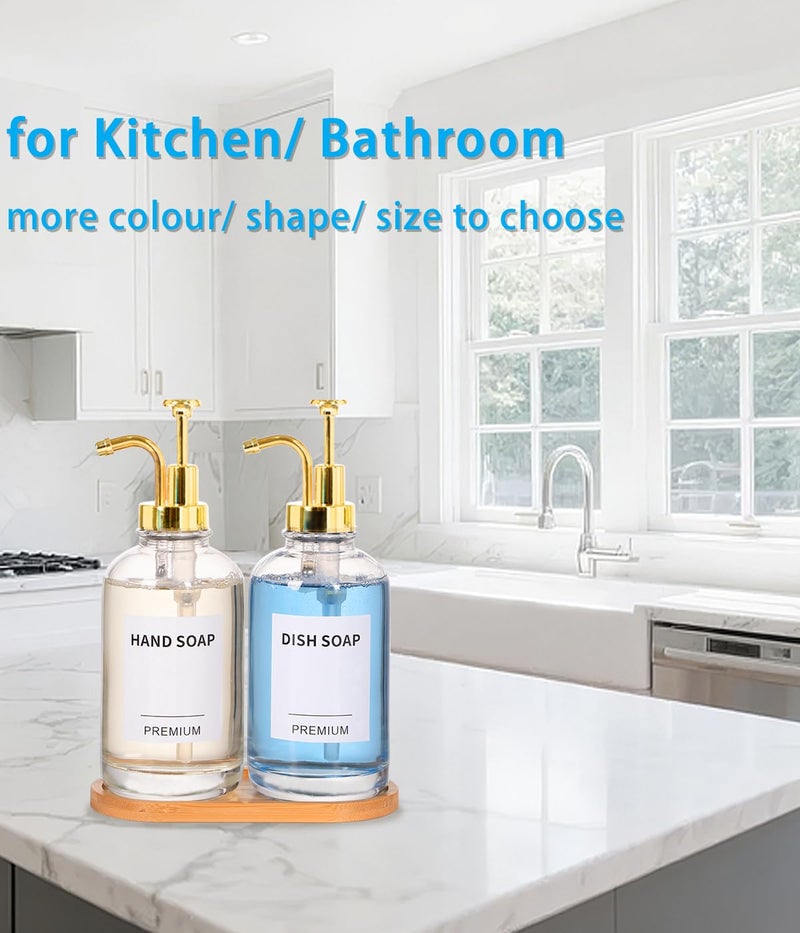 Hoousuper Dish Soap Dispenser for Kitchen, Hand Glass Soap Dispenser Set with Pump, Tray, Funnel for Bathroom, Shower, Laundry, Liquid, Lotion (Gold 2 Pack 18 Oz Clear Bottles with 12 Stickers) - Image 2