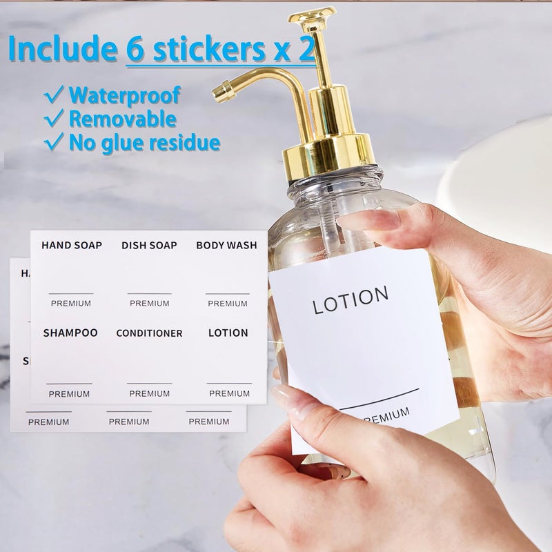Hoousuper Dish Soap Dispenser for Kitchen, Hand Glass Soap Dispenser Set with Pump, Tray, Funnel for Bathroom, Shower, Laundry, Liquid, Lotion (Gold 2 Pack 18 Oz Clear Bottles with 12 Stickers) - Image 5