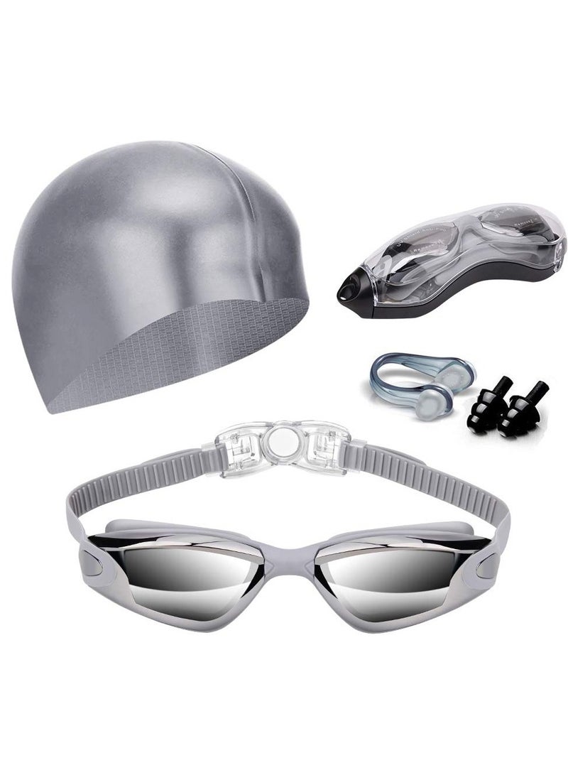 Swim Goggles Swimming Goggles No Leaking with Nose Clip, Earplugs, Swim Cap and Case for Men Women （Silver） - Image 1
