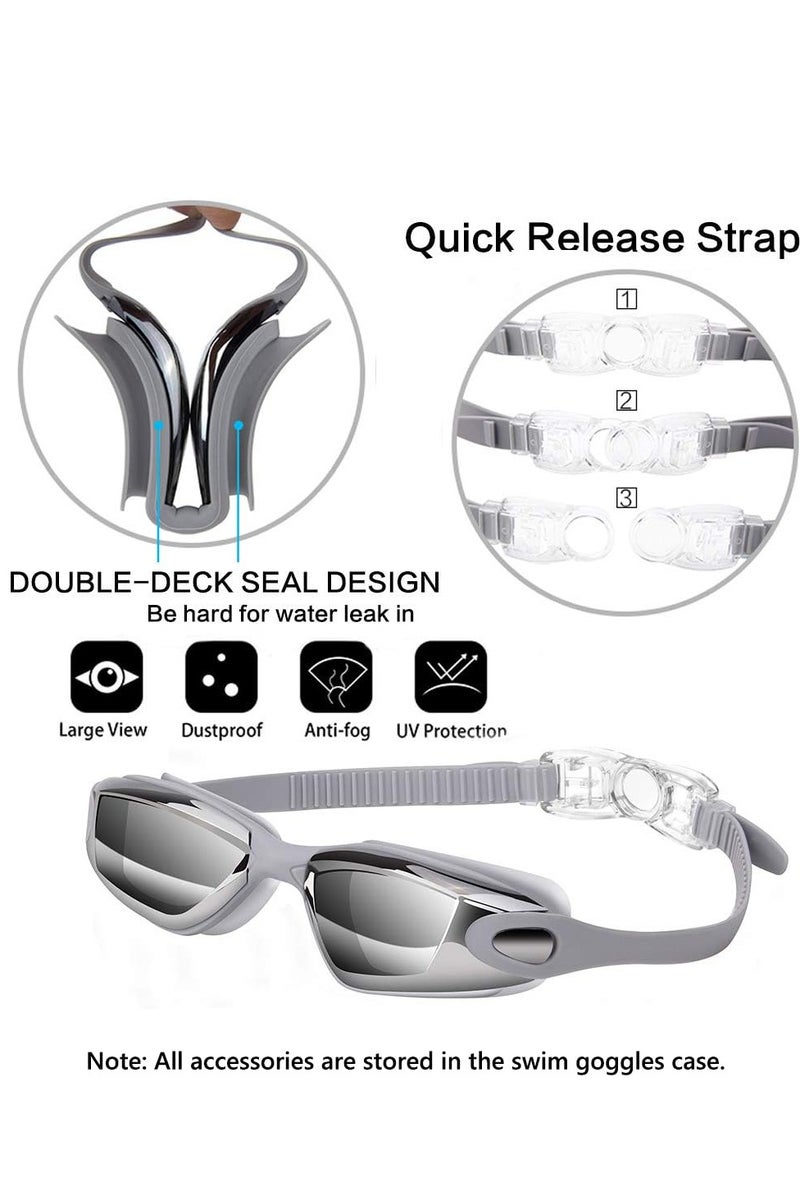 Swim Goggles Swimming Goggles No Leaking with Nose Clip, Earplugs, Swim Cap and Case for Men Women （Silver） - Image 2