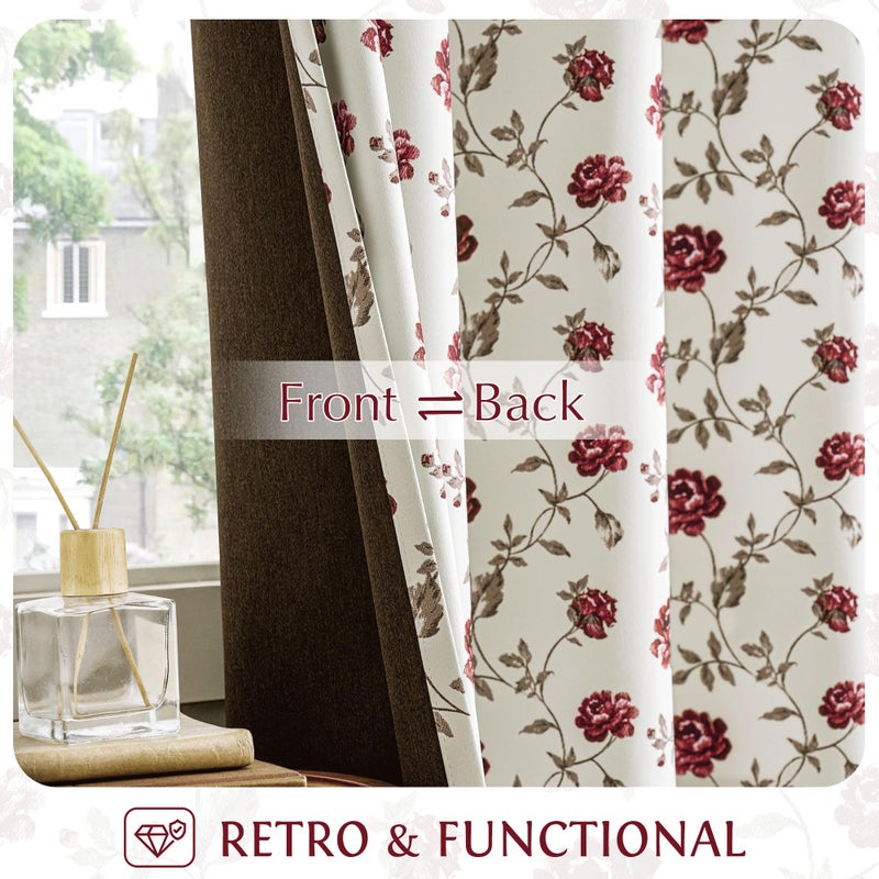Beauoop Red Floral 100% Blackout Curtains 54 Inches Long 2 Panels for Bedroom Living Room Vintage Rose Flower Patterned Room Darkening Thermal Soundproof Grommet Window Treatments Drapes, 52X54 - Image 3