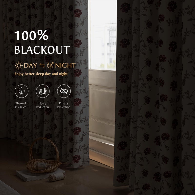 Beauoop Red Floral 100% Blackout Curtains 54 Inches Long 2 Panels for Bedroom Living Room Vintage Rose Flower Patterned Room Darkening Thermal Soundproof Grommet Window Treatments Drapes, 52X54 - Image 2