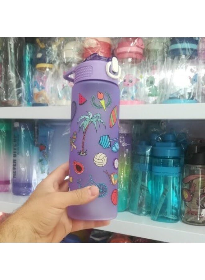 زجاجة مياه كبيرة مضادة للانسكاب بطبعة حيوانات شفافة ماصة صحية خفيفة الوزن من الاكريليك سعة 800 مل (ارجواني) - Image 1