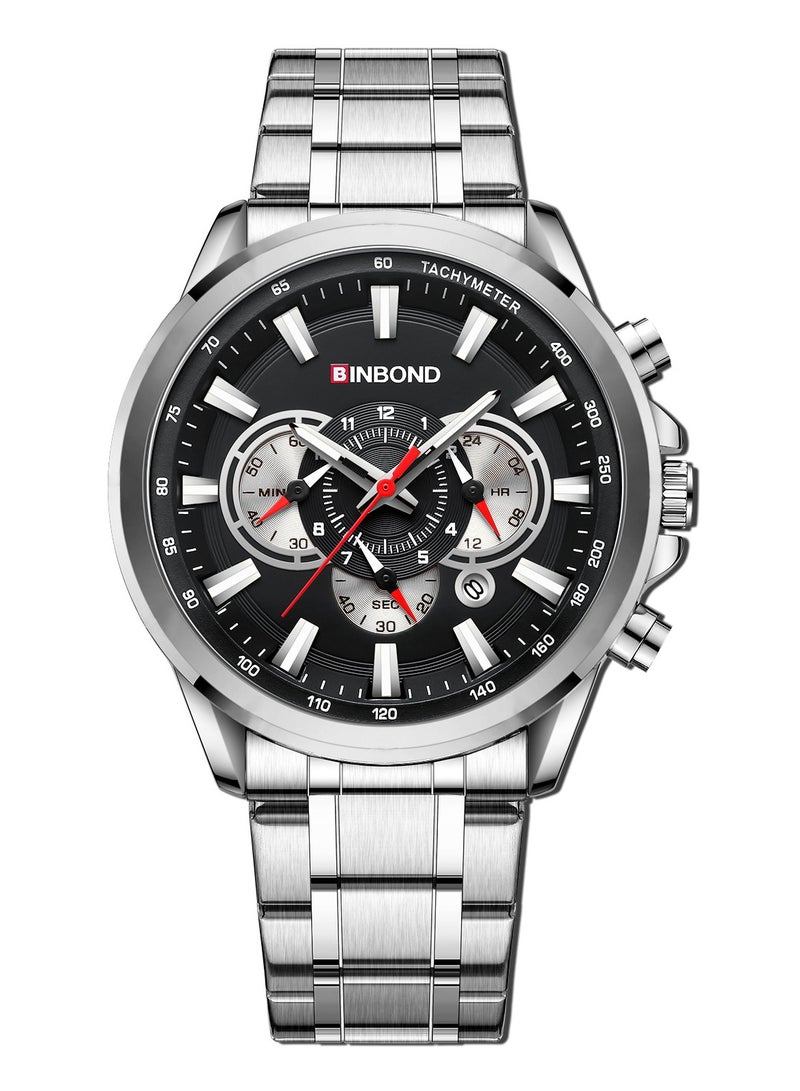 بينبوند ساعة BINBOND للرجال فاخرة من الكوارتز مناسبة للتجمعات الرياضية والأعمال مقاومة للماء من الفولاذ المقاوم للصدأ بمينا صغيرة مزخرفة باللون الأسود ساعات كوارتز للرجال - Image 2