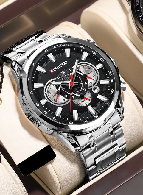 BINBOND Luxury Men's Quartz Watch Business Sports Gathering Water Resistant Stainless Steel Decorative Small Dial Black Quartz Watches Men