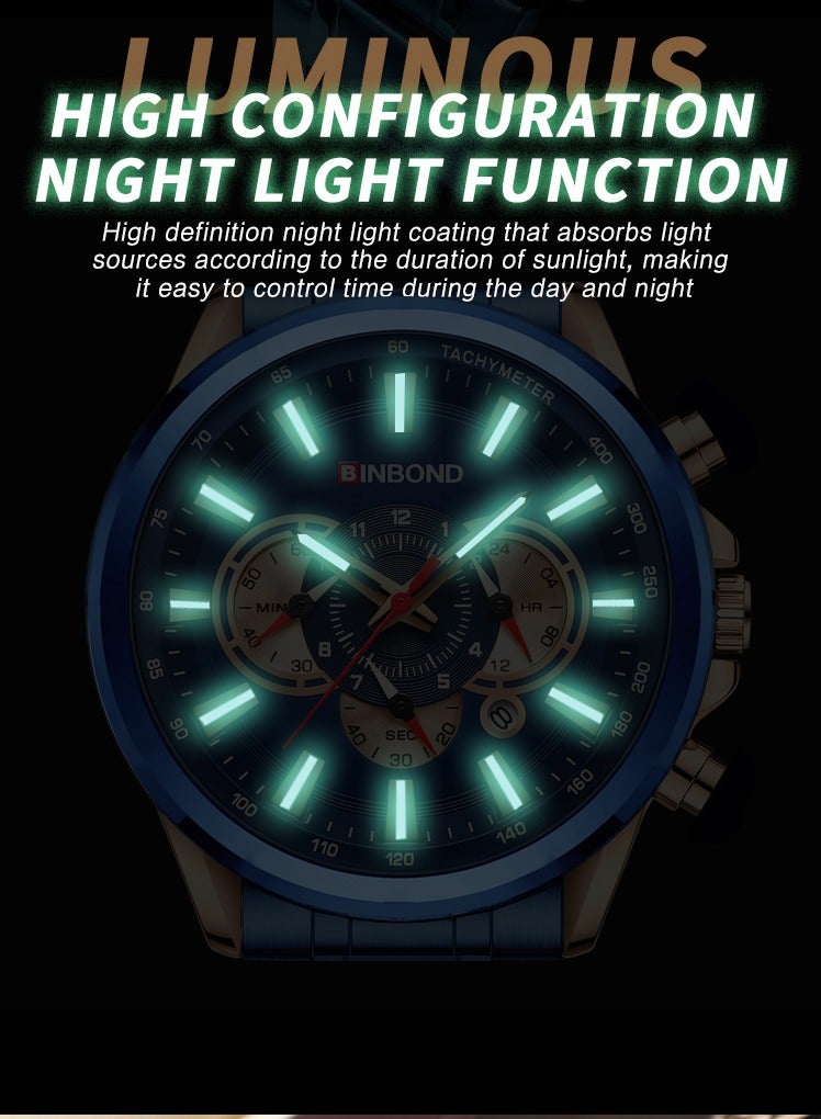 بينبوند ساعة BINBOND للرجال فاخرة من الكوارتز مناسبة للتجمعات الرياضية والأعمال مقاومة للماء من الفولاذ المقاوم للصدأ بمينا صغيرة مزخرفة باللون الأسود ساعات كوارتز للرجال - Image 3