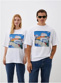 Artograph Unisex oversize premium cotton white T-shirt with artist unique painting Fishermen's morning  - Image 1