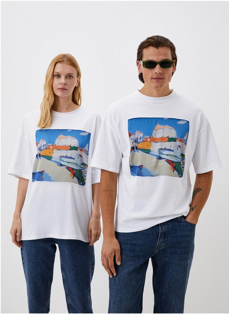 Artograph Unisex oversize premium cotton white T-shirt with artist unique painting Fishermen's morning  - Image 1