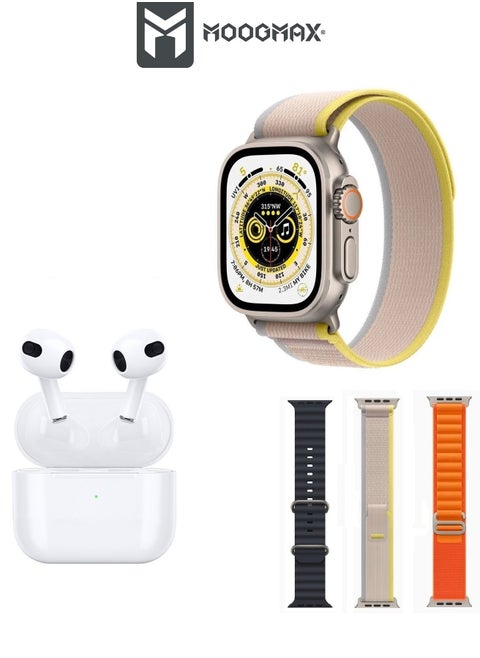 The Smart bundle package 2-in-1, Ultra smart watch 49MM Titanium case, works with gestures, all sports modes, heart and sleep measurements, support for NFC and Airbuds 4 from Moogmax TWS earphones.