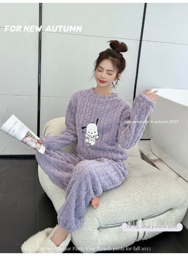 Women's Thick Coral Fleece Pajamas Set - Cozy Long Cardigan for Fall and Winter, Stylish and Relaxed Fit