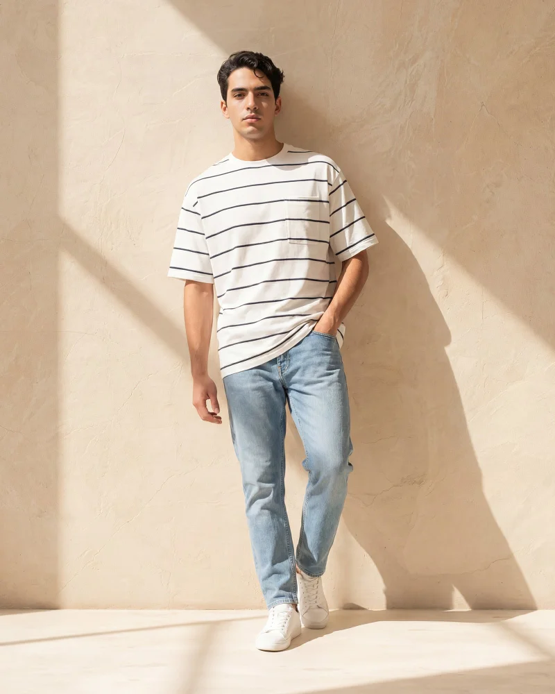 Redtag Men Beige Jacquard Stripe T-Shirt