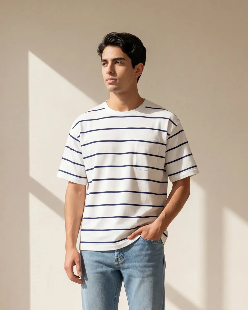 Redtag Men Beige Jacquard Stripe T-Shirt
