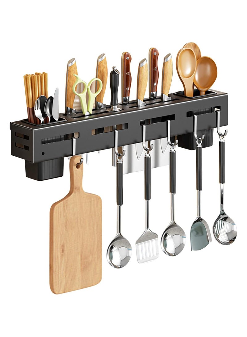 DubaiGallery Wall Mount Utensil Holder, Stainless Steel Kitchen Utensil Rack, Multi-use Hanging Storage Organizer Rack with Knife Holder, Towel Bar, Flatware Slot and 6 Removable Hook  - Image 1