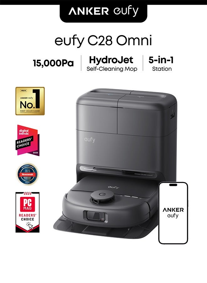 eufy C28 Omni, Robot Vacuum Cleaner With Mop,HydroJet Self-Cleaning Roller Mop, Powerful 15,000 Pa Suction, 5-in-1 Robot Vacuum for Home, Zero-Tangle Design, AI Obstacle Avoidance 650 W T211A black - Image 1