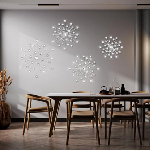 Limbeuuu 4 Pcs Metal Wall Decor Bling Crystal Wall Art Cast Iron Rhinestones Sunburst Decor Starburst Art Hanging Diamond Accents Home Decorative for Living Room Bedroom Entryway(Silver) - Image 4