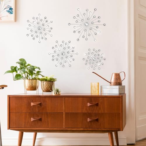 Limbeuuu 4 Pcs Metal Wall Decor Bling Crystal Wall Art Cast Iron Rhinestones Sunburst Decor Starburst Art Hanging Diamond Accents Home Decorative for Living Room Bedroom Entryway(Silver) - Image 5
