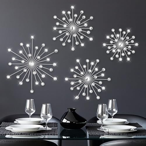Limbeuuu 4 Pcs Metal Wall Decor Bling Crystal Wall Art Cast Iron Rhinestones Sunburst Decor Starburst Art Hanging Diamond Accents Home Decorative for Living Room Bedroom Entryway(Silver) - Image 1