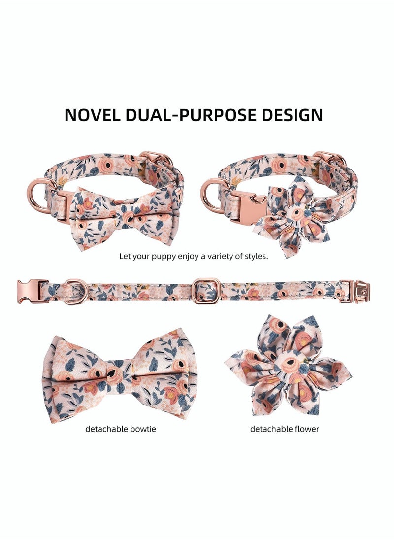 Y&D Pet Puppy Collar with Bowtie and Flower Decoration Intimate Dual-Purpose Design Comfortable Adjustable Cute Cotton Print Bow Metal Buckle Matching Dog Leash  - Image 4