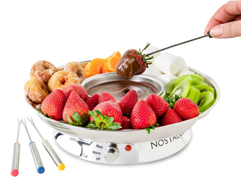 Nostalgia Electric Fondue Party Set  10 oz Melting Pot 4 Roasting Forks  Detachable Serving Tray  Melted Cheese Chocolate or Dessert  Perfect for Gifts Parties Date Night  Stainless Steel