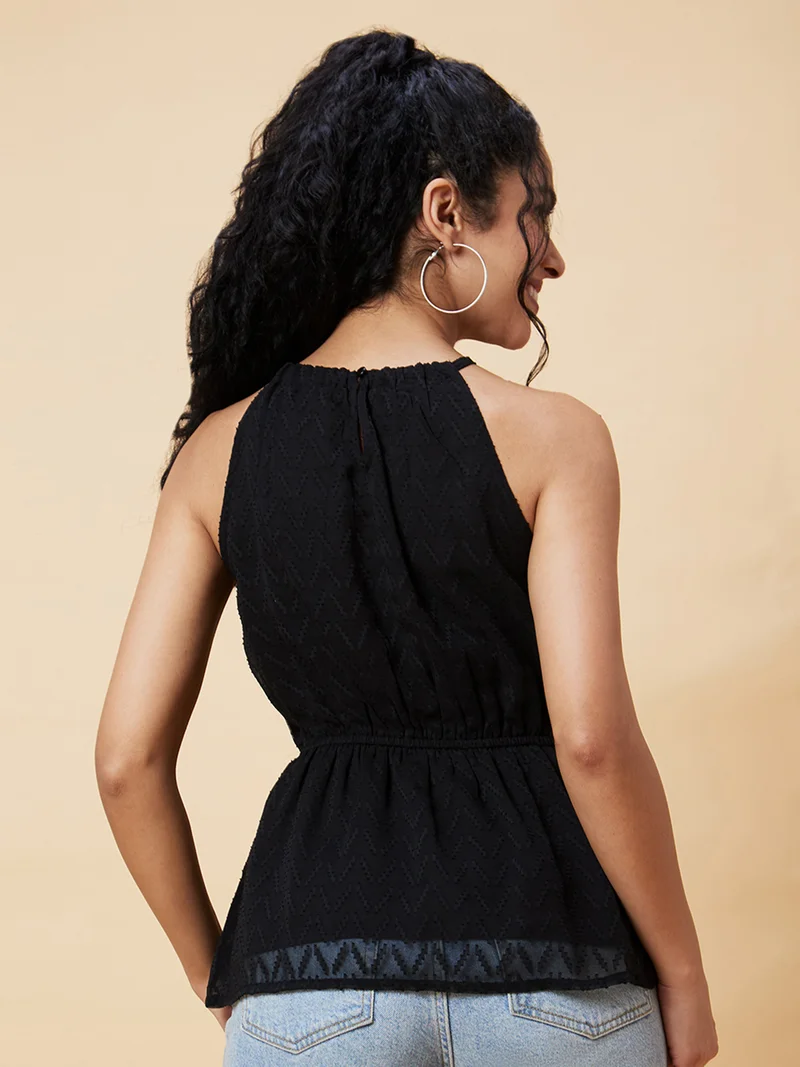 جلو باص Women Black Self Design Sleeveless Cinched Waist Top