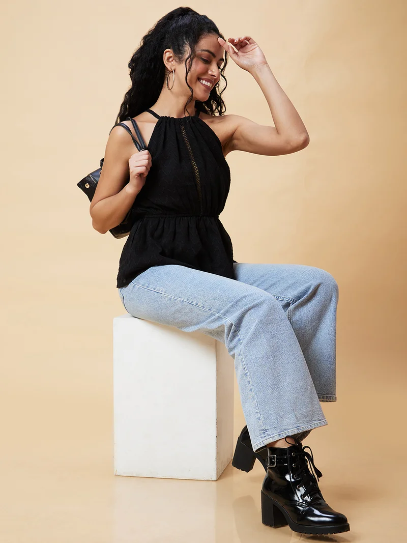 جلو باص Women Black Self Design Sleeveless Cinched Waist Top