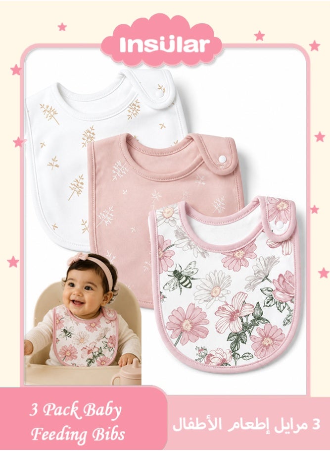 insular 3 Pack Baby Bibs, 100% Cotton Drool Bibs for Newborns and Infants, Soft Absorbent Teething Bibs, Adjustable Snap Feeding Bibs, Unisex Baby Bibs for Boys and Girls, Machine Washable(Flower) - Image 1