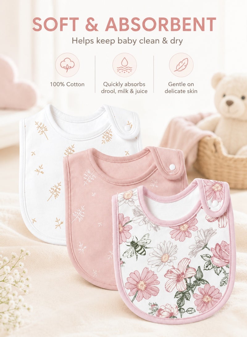 insular 3 Pack Baby Bibs, 100% Cotton Drool Bibs for Newborns and Infants, Soft Absorbent Teething Bibs, Adjustable Snap Feeding Bibs, Unisex Baby Bibs for Boys and Girls, Machine Washable(Flower) - Image 3