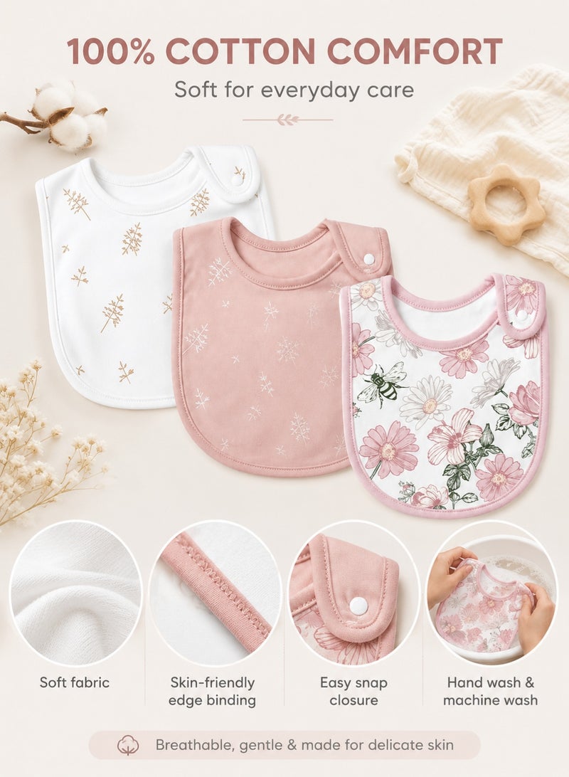 insular 3 Pack Baby Bibs, 100% Cotton Drool Bibs for Newborns and Infants, Soft Absorbent Teething Bibs, Adjustable Snap Feeding Bibs, Unisex Baby Bibs for Boys and Girls, Machine Washable(Flower) - Image 4