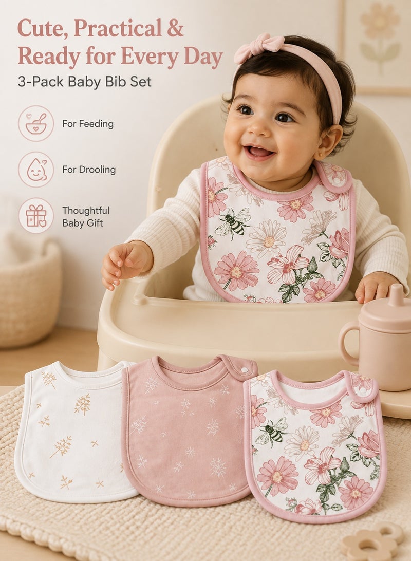 insular 3 Pack Baby Bibs, 100% Cotton Drool Bibs for Newborns and Infants, Soft Absorbent Teething Bibs, Adjustable Snap Feeding Bibs, Unisex Baby Bibs for Boys and Girls, Machine Washable(Flower) - Image 5