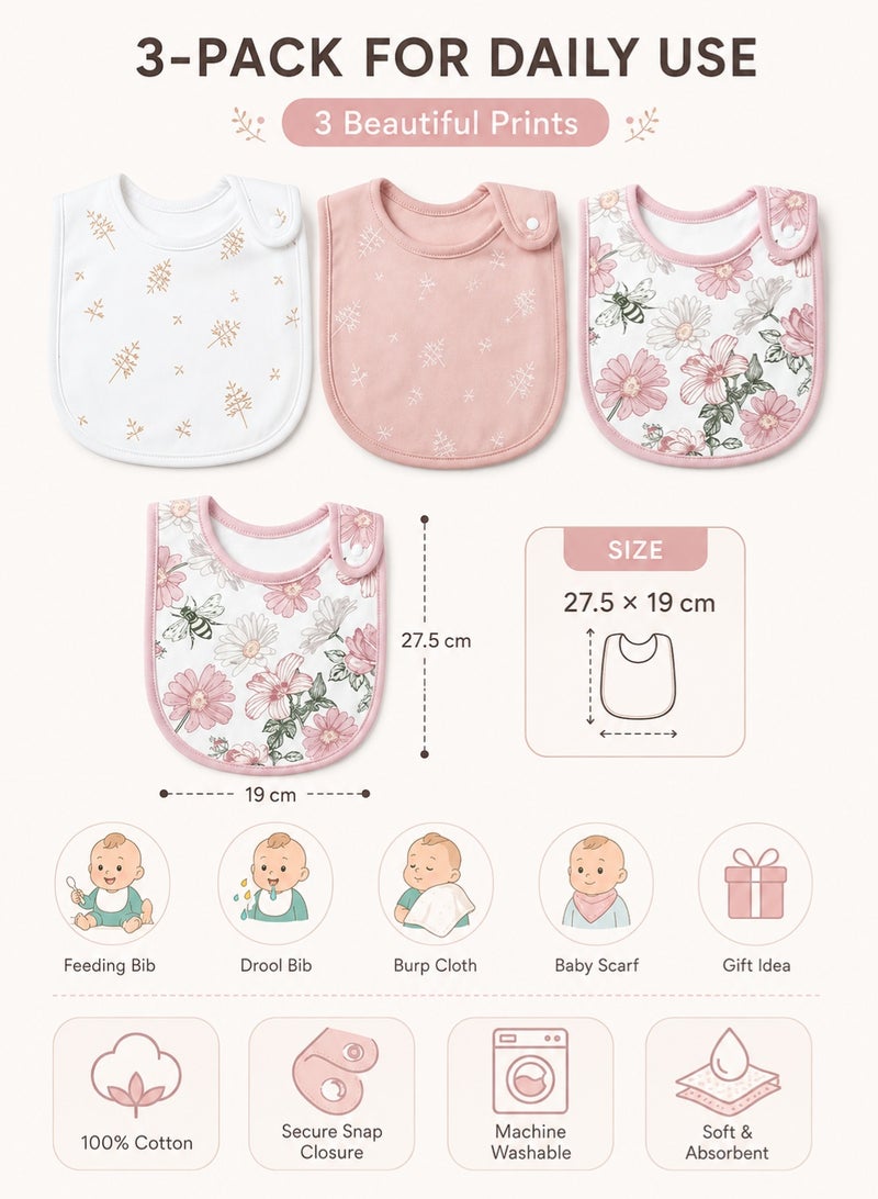 insular 3 Pack Baby Bibs, 100% Cotton Drool Bibs for Newborns and Infants, Soft Absorbent Teething Bibs, Adjustable Snap Feeding Bibs, Unisex Baby Bibs for Boys and Girls, Machine Washable(Flower) - Image 2