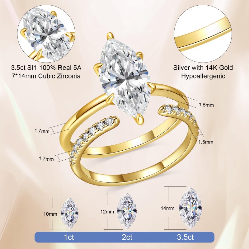 AVECON 3.5CT Marquise Cut Engagement Ring Set for Women, Wedding Promise Cubic Zirconia Band, 14K Gold Plated Stackable Adjustable Bridal Half Eternity Open Rings, Size 6 - Image 3
