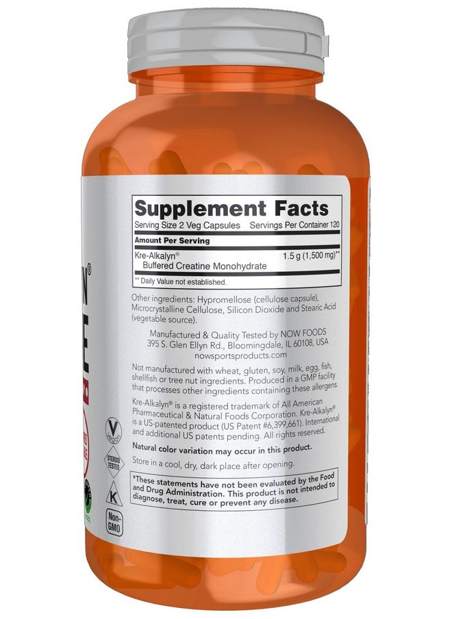 now - Sports Nutrition Krealkalyn Creatine 750 Mg Mass Building*/Energy Production* 240 Veg Capsules - Image 1