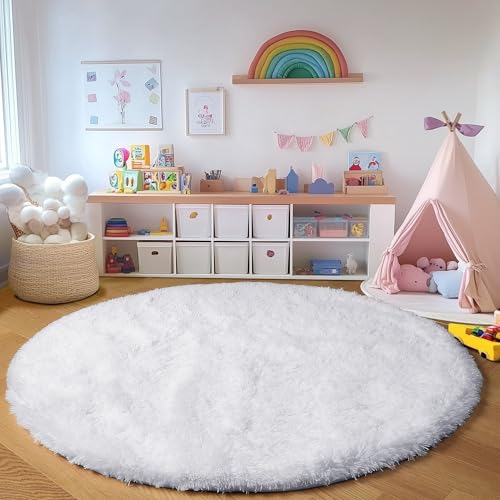 ONASAR White Round Area Rugs 5ft, Soft Bedroom Circle Rug Floor Mat for Kids Girls Boys Teen Room, Fuzzy Plush Shaggy Carpet for Baby Nursery Living Room Playroom Dorm Home Decor - Image 5