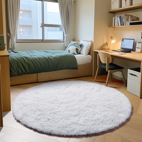 ONASAR White Round Area Rugs 5ft, Soft Bedroom Circle Rug Floor Mat for Kids Girls Boys Teen Room, Fuzzy Plush Shaggy Carpet for Baby Nursery Living Room Playroom Dorm Home Decor - Image 1