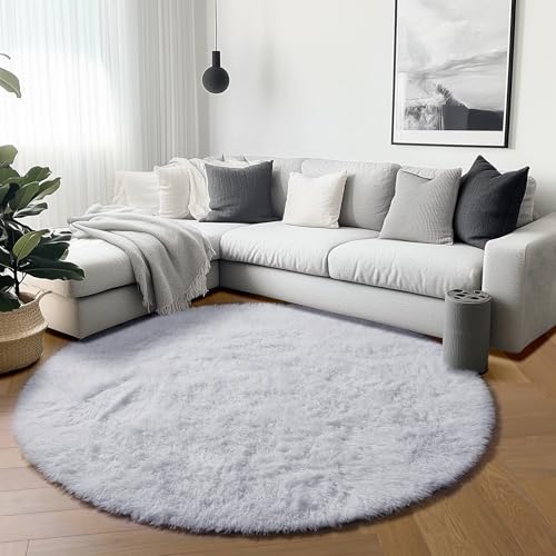 ONASAR White Round Area Rugs 5ft, Soft Bedroom Circle Rug Floor Mat for Kids Girls Boys Teen Room, Fuzzy Plush Shaggy Carpet for Baby Nursery Living Room Playroom Dorm Home Decor - Image 3