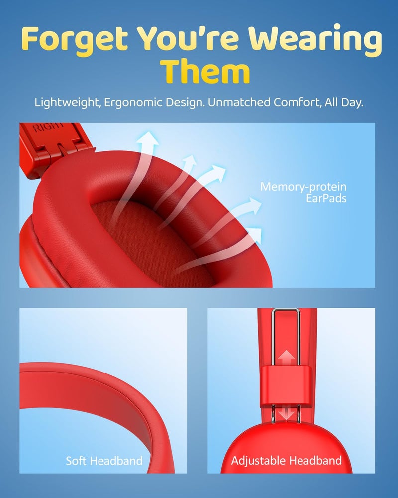 awatrue Kids Bluetooth Headphones, Over-Ear Wireless Headphones with Microphone, Safe-Volume 85dBA, Bluetooth 5.4, Foldable Lightweight and Comfortable, 50H Playtime, USB-C Charging, Red - Image 5