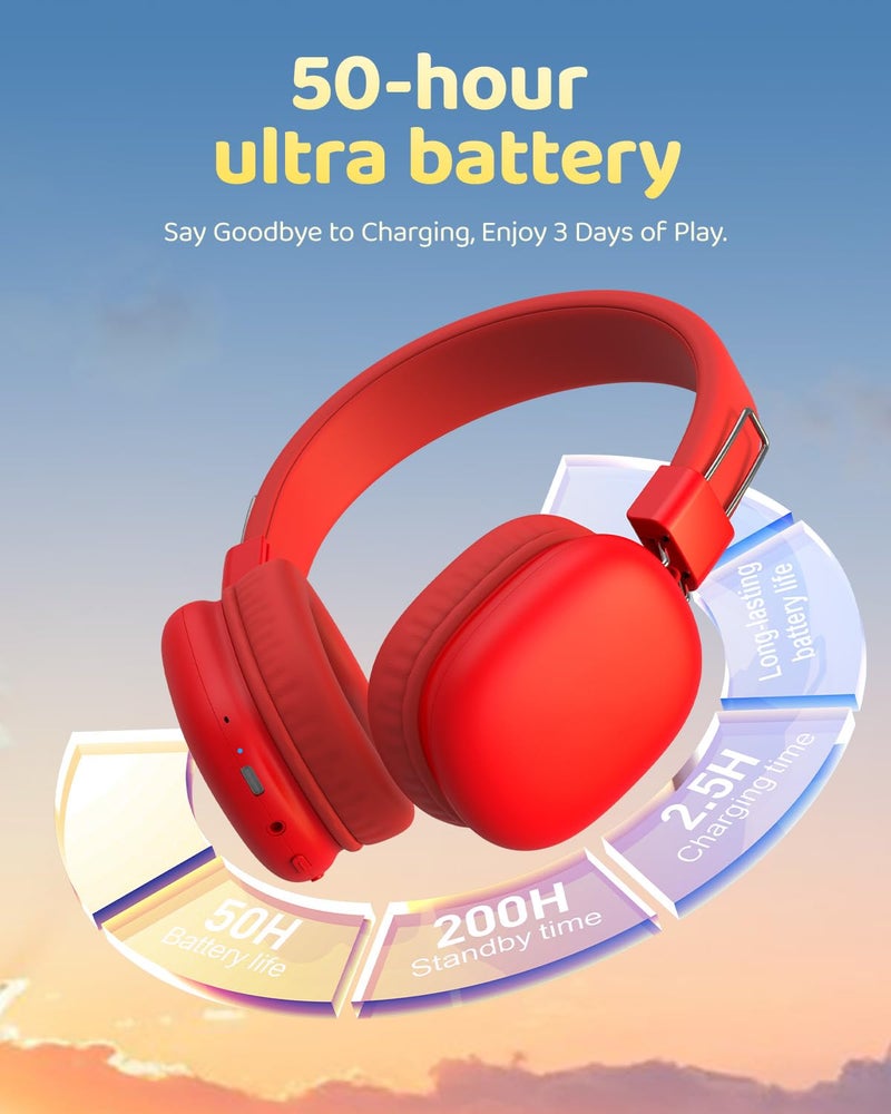 awatrue Kids Bluetooth Headphones, Over-Ear Wireless Headphones with Microphone, Safe-Volume 85dBA, Bluetooth 5.4, Foldable Lightweight and Comfortable, 50H Playtime, USB-C Charging, Red - Image 3