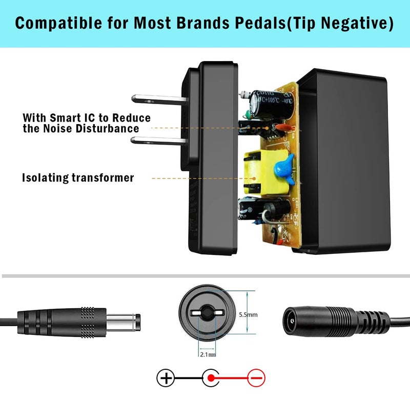 JOYO DC 9V Guitar Pedal Power Supply (800mA -1A) AC Wall Charger Adapter with 4 Way Daisy Chain Pedal Cables (8.8 FT), Compatible for Most Effect Pedals (Tip Negative) - Image 3