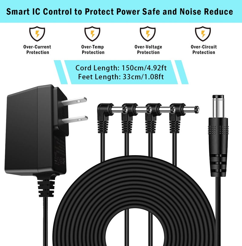 JOYO DC 9V Guitar Pedal Power Supply (800mA -1A) AC Wall Charger Adapter with 4 Way Daisy Chain Pedal Cables (8.8 FT), Compatible for Most Effect Pedals (Tip Negative) - Image 2