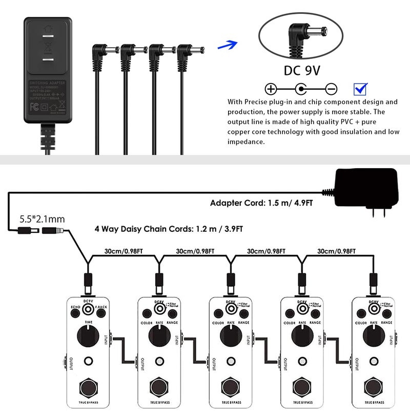 JOYO DC 9V Guitar Pedal Power Supply (800mA -1A) AC Wall Charger Adapter with 4 Way Daisy Chain Pedal Cables (8.8 FT), Compatible for Most Effect Pedals (Tip Negative) - Image 5
