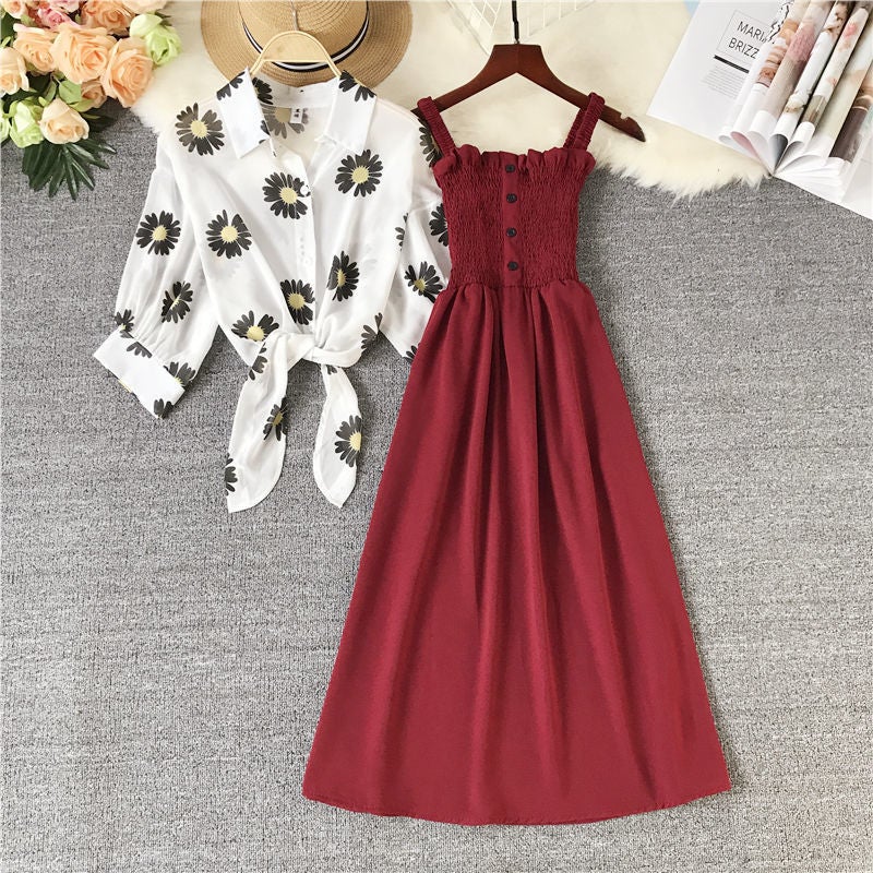 Dress, Western-Style Suit Skirt, Women'S Summer Dress, New Chiffon Shirt, Large Hem, Waist-Cinching Skirt, Two-Piece Set - Image 1