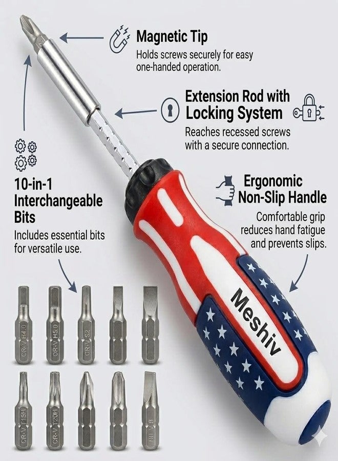 Meshiv 10-in-1 Magnetic Screwdriver Set with Locking Extension Rod – Professional Chrome Vanadium Steel Bit Kit for Electronics, Laptop Repair, Furniture Assembly, and Home Maintenance - Image 2