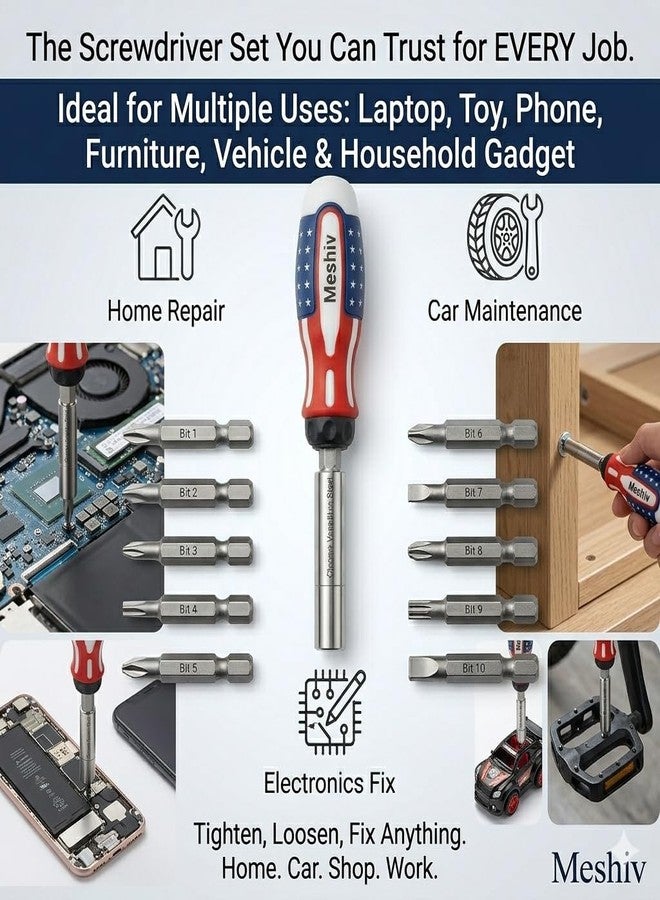 Meshiv 10-in-1 Magnetic Screwdriver Set with Locking Extension Rod – Professional Chrome Vanadium Steel Bit Kit for Electronics, Laptop Repair, Furniture Assembly, and Home Maintenance - Image 3