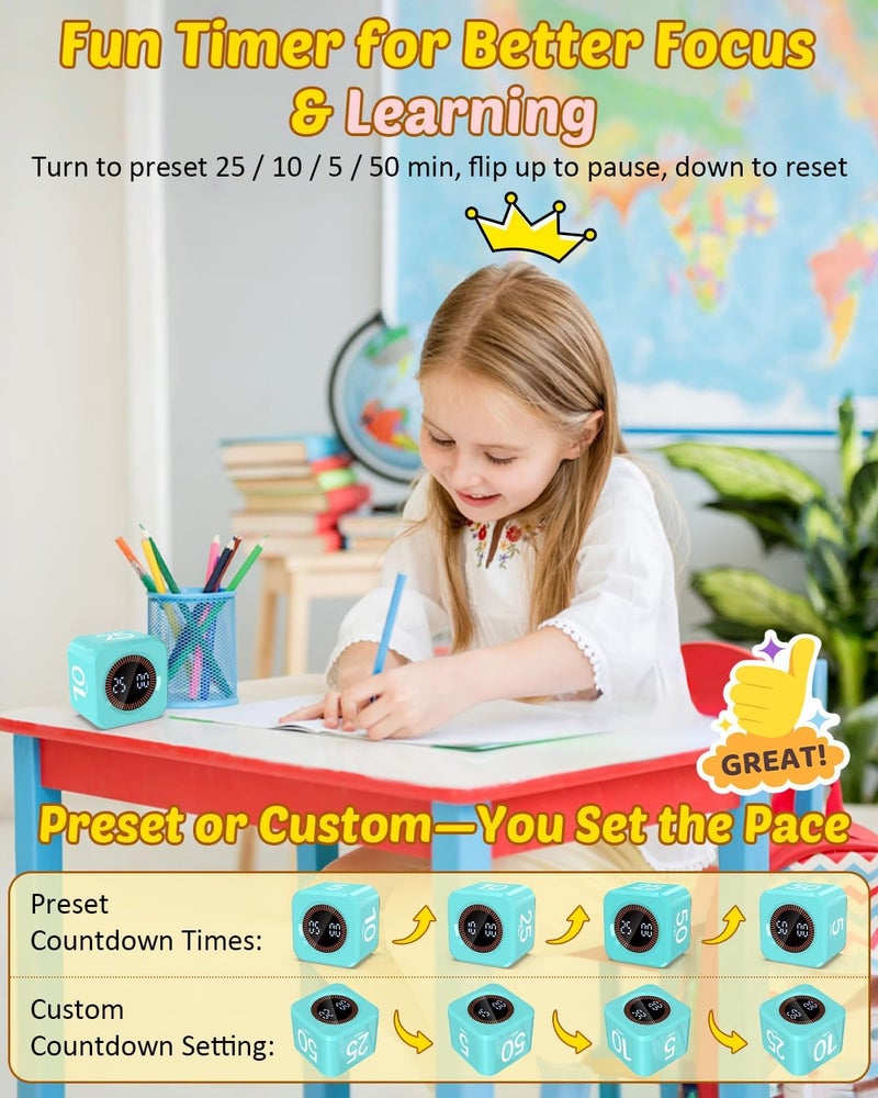 COWVTUJ Pomodoro Timer Cube Visual Productivity Flip Timer for Kids Classroom Desk, 5/10/25/50min&Custom Countdown, Silent&Sound Mode Digital Cube for ADHD Study Work School Game Kitchen (Mint Green) - Image 2