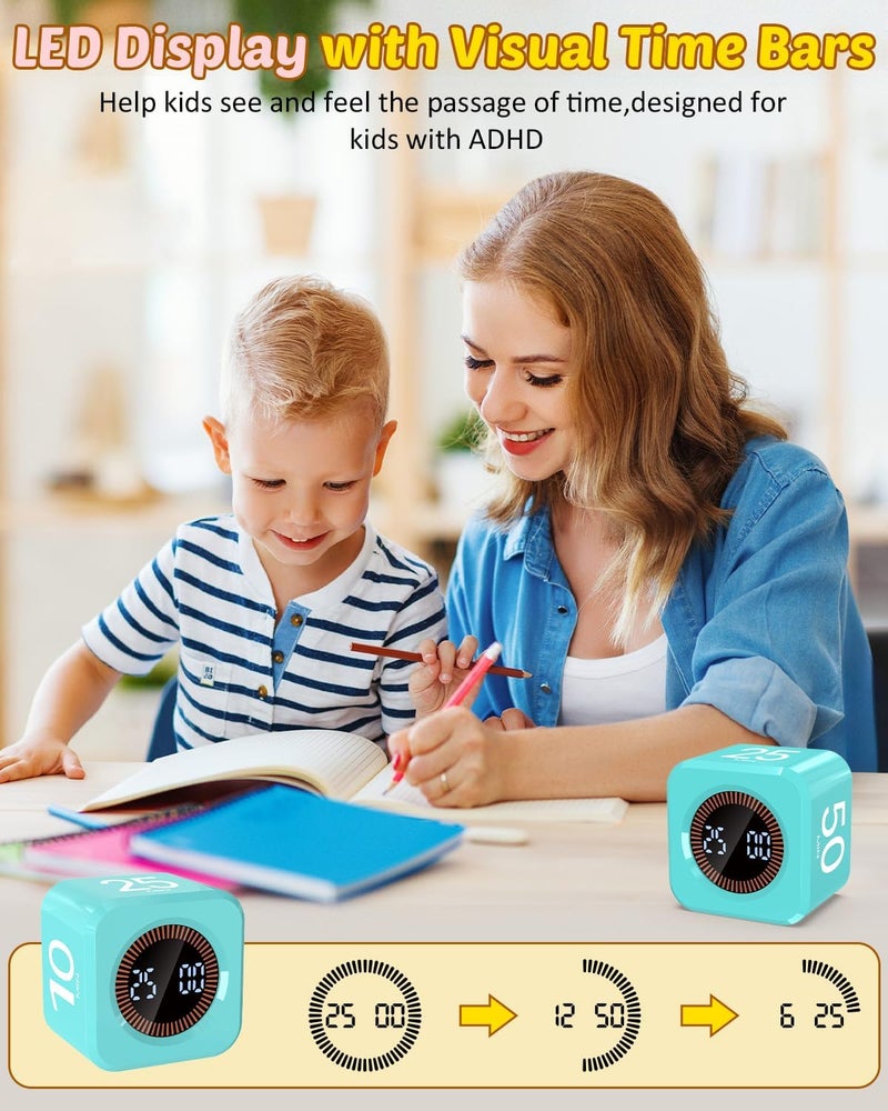 COWVTUJ Pomodoro Timer Cube Visual Productivity Flip Timer for Kids Classroom Desk, 5/10/25/50min&Custom Countdown, Silent&Sound Mode Digital Cube for ADHD Study Work School Game Kitchen (Mint Green) - Image 5