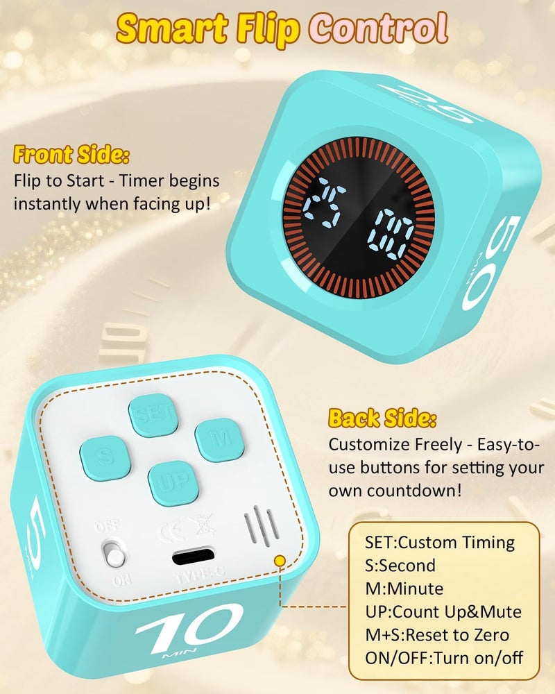 COWVTUJ Pomodoro Timer Cube Visual Productivity Flip Timer for Kids Classroom Desk, 5/10/25/50min&Custom Countdown, Silent&Sound Mode Digital Cube for ADHD Study Work School Game Kitchen (Mint Green) - Image 4