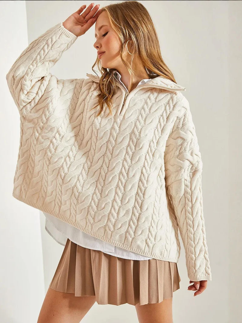 Bianco Lucci LUCCI Oversized Hair Beard Sweater with Zipper Collar