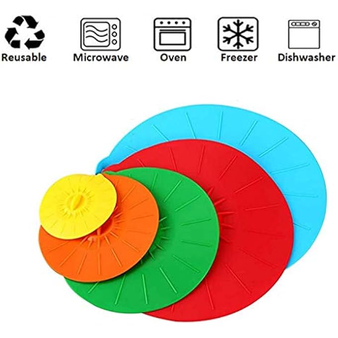 Hitopin Silicone Lids 5 Pieces Different Sizes Fresh Silicone Lids For Bowls Saucepans Plates Cups Ovens Fridges Blue Red Green Yellow Orange - Image 3