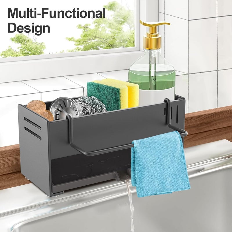 Excefore Kitchen Sink Organizer with Drain Pan, Carbon Steel Sponge Holder and Dishcloth Rack, Rustproof Sink Caddy Drainer for Kitchen Counter and Sink Storage - Image 2